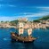 Un barco galeón antiguo que navega junto a la ciudad medieval de Dubrovnik